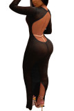 Brown Fashion Sexy Adult Polyester Solid Backless O Neck Long Sleeve Floor Length Pencil Skirt Dresses
