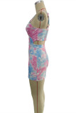 Pink Sexy Casual Print Tie-dye Backless V Neck Sling Dress Dresses