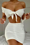 White Sexy Solid Split Joint Off the Shoulder Short Sleeve Two Pieces