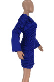 Navy Blue Sexy Bubble sleeves Long Sleeves V Neck Asymmetrical Knee-Length asymmetrical Solid Patchw