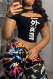 White Fashion Sexy Print Hollowed Out O Neck T-Shirts