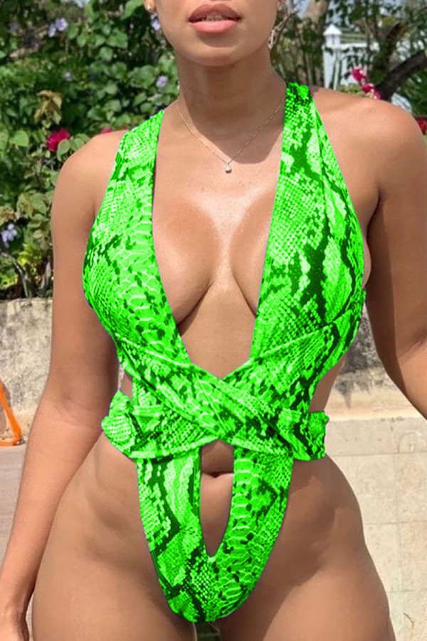 Green Sexy Print Backless Cross Straps Swimwears