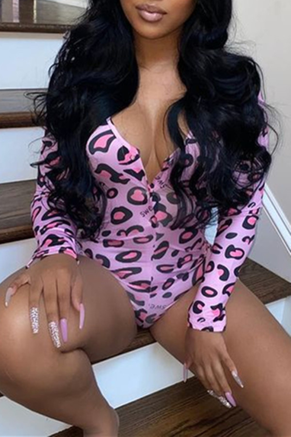 Pink Casual Living Print Basic V Neck Skinny Romper