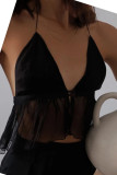 Black Sexy Solid Tassel Backless With Bow Spaghetti Strap Tops