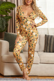 Yellow Sexy Living Polyester Knitting Character Print Buttons V Neck Plus Size