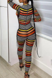 Multicolor Casual Striped Patchwork O Neck Skinny Jumpsuits