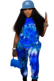 Blue Fashion adult Ma'am OL Patchwork Print Tie Dye Two Piece Suits pencil Short Sleeve Two Pieces