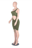 Blue Fashion Sexy Solid Hollowed Out One Shoulder Sleeveless Dress