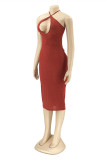 Purplish Red Fashion Sexy Solid Hollowed Out Backless Sleeveless Dress