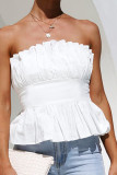 White Sweet Solid Backless Fold Strapless Mid Waist Tops