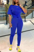 Blue Polyester Fashion Casual adult Ma'am Solid Two Piece Suits pencil Short Sleeve Two Pieces