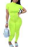 Fluorescent Yellow Fashion Casual Solid Draped Polyester Short Sleeve O Neck Jumpsuits