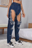 Deep Blue Fashion Sexy Solid Tassel Ripped High Waist Straight Jeans