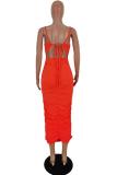 Orange Sexy Casual adult Pink Orange rose red Spaghetti Strap Sleeveless Slip Step Skirt Mid-Calf Patchwork Solid Draped Dresses