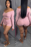 Pink Polyester Sexy Striped Print pencil Long Sleeve Two Pieces