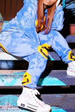 Blue Casual Patchwork Tie-dye Long Sleeve Two Pieces
