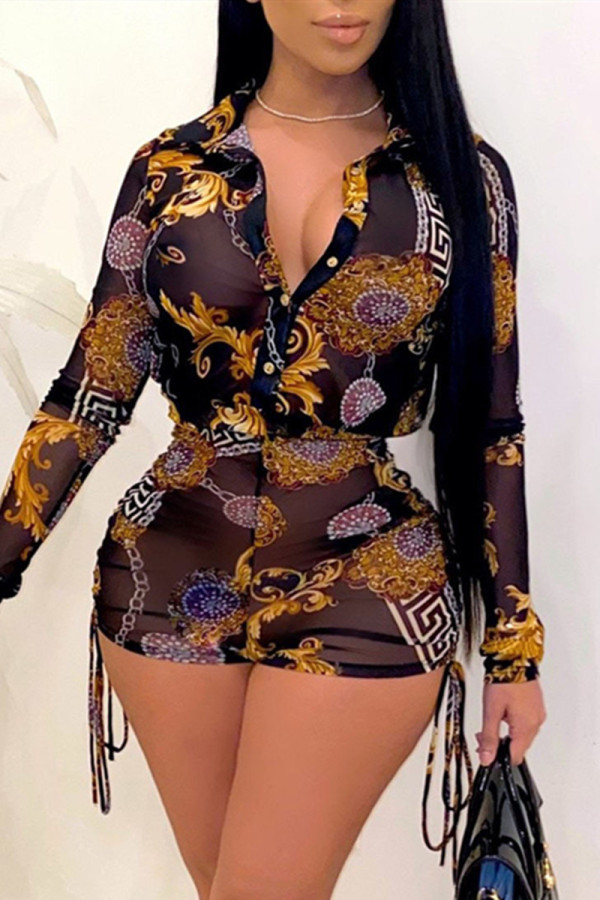 Black Fashion Sexy Print See-through Turndown Collar Long Sleeve Two Pieces