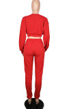 Red Fashion Adult Living Polyester Solid Split Joint O Neck Long Sleeve Regular Sleeve Short Two Pieces