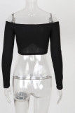 White Red Black Blue Pink Orange One word collar Long Sleeve Solid Tops