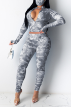 Grey Sportswear Patchwork Tie-dye Zipper Collar Long Sleeve Two Pieces