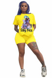 Yellow Polyester Fashion Active adult Patchwork Print Character Hole Two Piece Suits Straight Short Sleeve Two Pieces