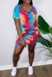 Multicolor Fashion Casual Tie Dye Printing V Neck Short Sleeve Dress Dresses