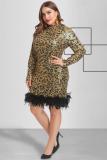 Black Polyester Fashion adult Sexy O Neck Zippered Patchwork Sequin Leopard Print Feathers
