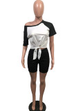 Black Polyester Fashion Casual adult Ma'am Patchwork Solid Two Piece Suits pencil Short Sleeve Two Pieces