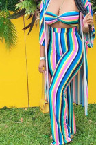 multicolor Polyester OL Striped Print Three-Piece Suits Straight Long Sleeve Two Pieces