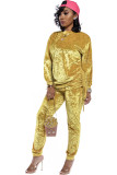 Gold Polyester Casual Two Piece Suits Patchwork Solid pencil Nine Sleeves Two-piece Pants Set