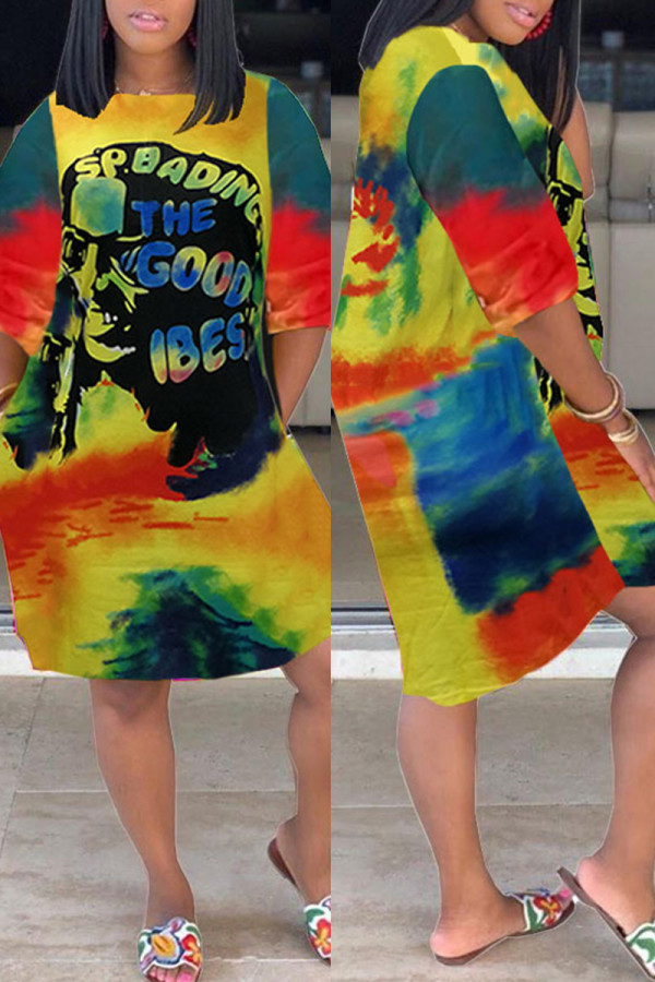 Yellow Fashion Casual Print Tie-dye O Neck Short Sleeve Dress