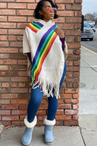 White Scarf Collar Rainbow Patchwork tassel Cotton Others Long Sleeve
