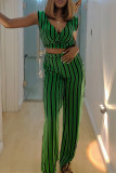 Green Fashion Casual Striped Print Basic V Neck Sleeveless Two Pieces