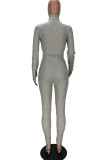 Grey Sexy Solid Hooded Collar Long Sleeve Regular Sleeve Short Two Pieces