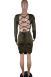Army Green Milk. Sexy Cap Sleeve Long Sleeves O neck Step Skirt skirt backless Solid Draped