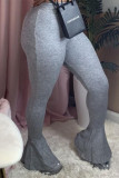 Grey Elastic Fly Mid Solid Boot Cut Pants Bottoms