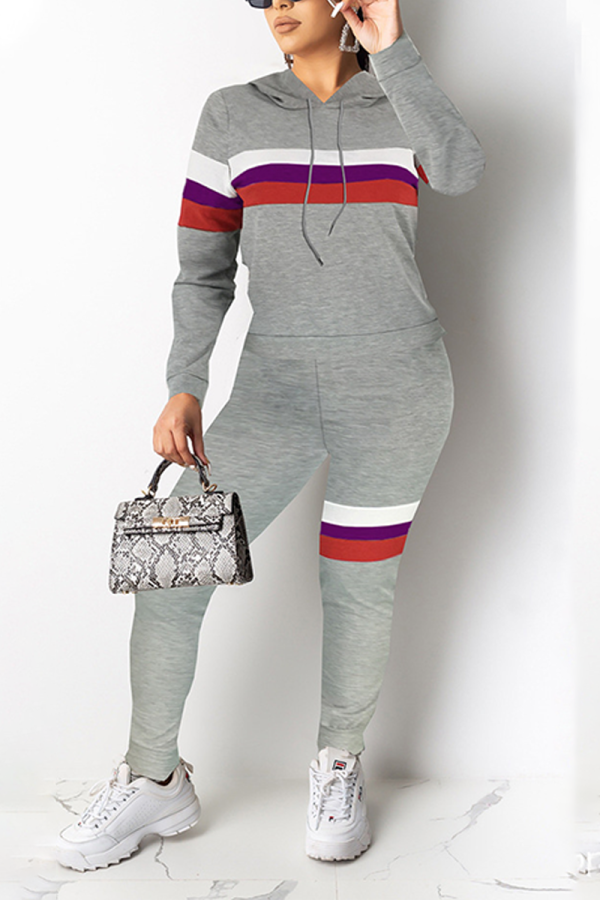 Grey Casual Striped Patchwork Hooded Collar Long Sleeve Two Pieces