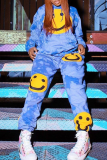 Blue Casual Patchwork Tie-dye Long Sleeve Two Pieces