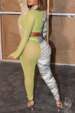Green Sexy Camouflage Print See-through Mesh Half A Turtleneck Long Sleeve Two Pieces