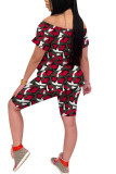 Red Fashion Casual adult Ma'am Print Camouflage Two Piece Suits pencil Short Sleeve Two Pieces