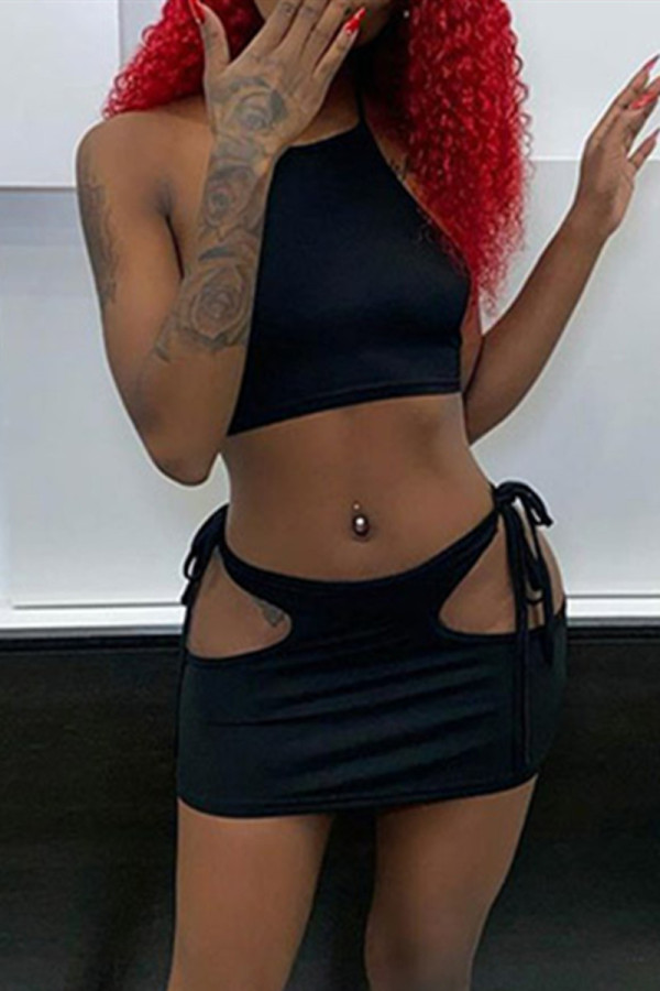 Black Sexy Solid Hollowed Out Backless Strap Design Halter Sleeveless Two Pieces