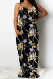 Blue Polyester Fashion Sexy adult Ma'am Spaghetti Strap Sleeveless Slip Swagger Floor-Length Print Dresses