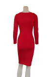 Red Sexy Solid Hollowed Out Split Joint V Neck Wrapped Skirt Dresses