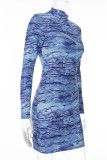 Blue Sexy Print Hollowed Out Tie-dye O Neck Pencil Skirt Dresses