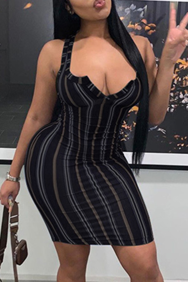 Black Fashion Sexy Striped Print Backless V Neck Vest Dress