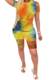 purple Polyester Fashion Sexy Print Tie Dye Burn-out Two Piece Suits pencil Short Sleeve Two Pieces