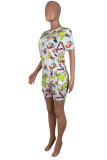 White Fashion Casual adult Patchwork Print Character Two Piece Suits Straight Short Sleeve Two Pieces