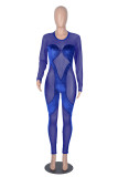 Color Blue Sexy Solid Patchwork O Neck Skinny Jumpsuits