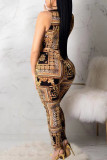 Multicolor Fashion Print Hollowed Out O Neck Long Sleeve Two Pieces