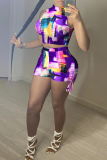 Purple Sexy Print Patchwork Half A Turtleneck Sleeveless Two Pieces
